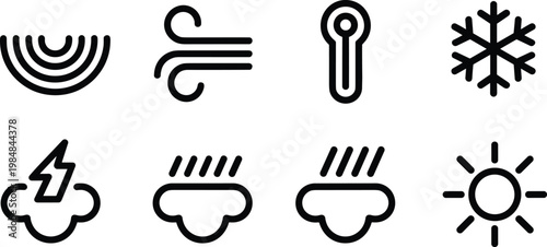 weather, climate, icons, wind, temperature, snowflake, cloud, rain, storm, lightning, sun, forecast, vector, svg, outline, meteorology, seasonal, environment, sky, conditions