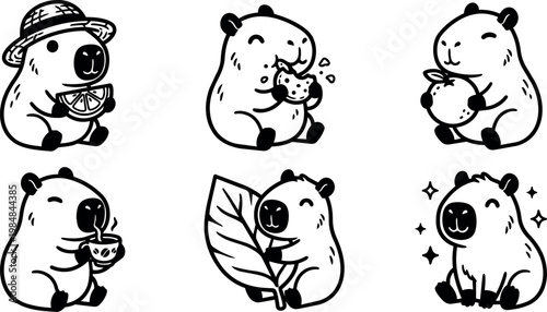 Black and white line art capybaras eating fruit drinking tea and holding leaf