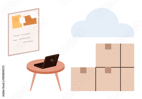 Remote work, cloud storage, task management, logistics, organization, small business. A laptop on a table, boxes bulletin board and cloud graphic. Remote work and cloud storage concept