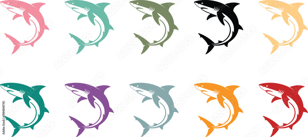Fototapeta premium Colorful Shark Silhouettes Seamless Swimming Pattern, Vibrant Shark Silhouette Ocean Pattern Background