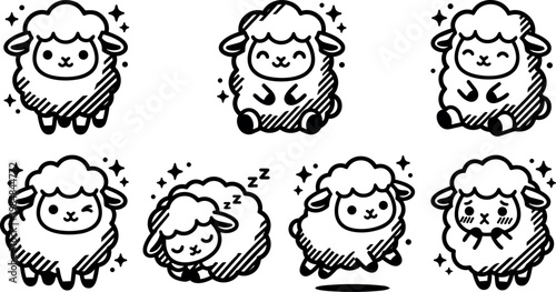Cute black and white sheep line art with various facial expressions and poses