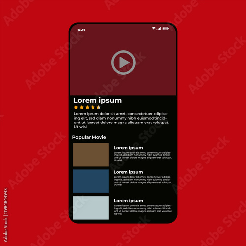 Movie player app on smartphone screen. Netflix. UI. UX. User interface user experience. Youtube	
