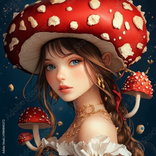 Enchanted Woman with Mushroom Hat Surrounded by Fantasy Mushrooms
