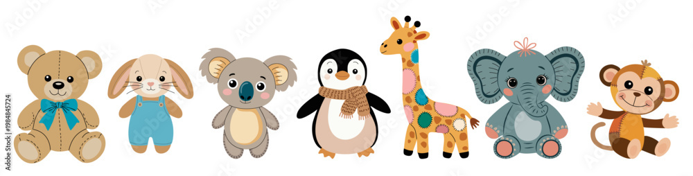 Ταπετσαρία Cute cartoon plush toy animals stand in a row
