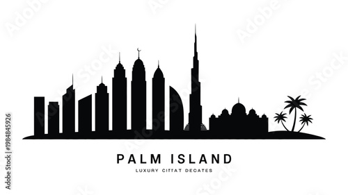 A striking silhouette of a modern city skyline with palm trees