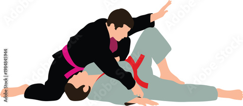 Jiu jitsu training illustration, flat design grappling techniques with fighters practicing martial arts, self defense, and combat sport skills.