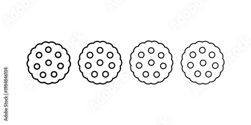 Round biscuit cracker cookie icon set isolated on white. Sweet snack bakery product symbol for food industry menu dessert and grocery store branding