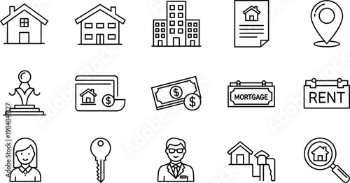Real estate and property management line icons set