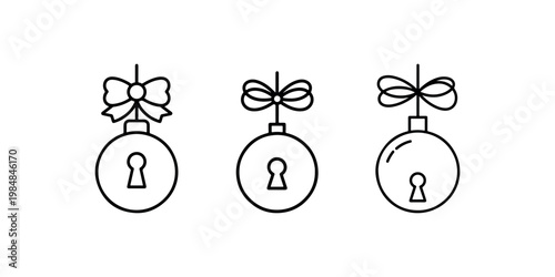 Three Christmas bauble ornaments with keyhole and ribbon, festive holiday decoration symbols, minimalist line art on white background