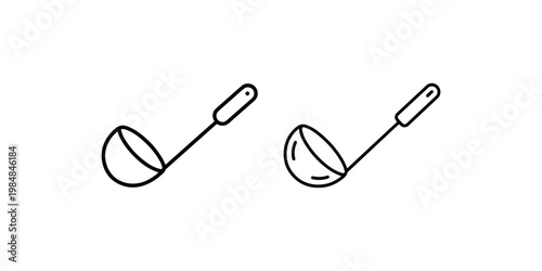 Two kitchen ladle icons, cooking utensils, soup spoon, simple line art illustrations for food preparation and culinary themes