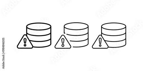 Three database icons with warning signs signal trouble and indicate data problems or alert status for data storage and system issues and database errors