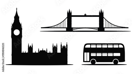 Iconic london landmarks big ben tower bridge houses of parliament and a bus