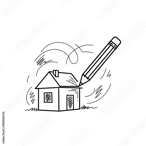 A pencil drawing of a house with creative design
