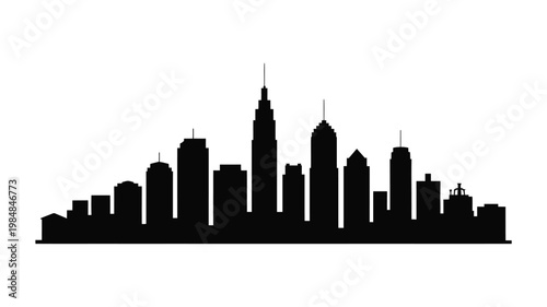 A striking black silhouette of a dense urban cityscape against a white background