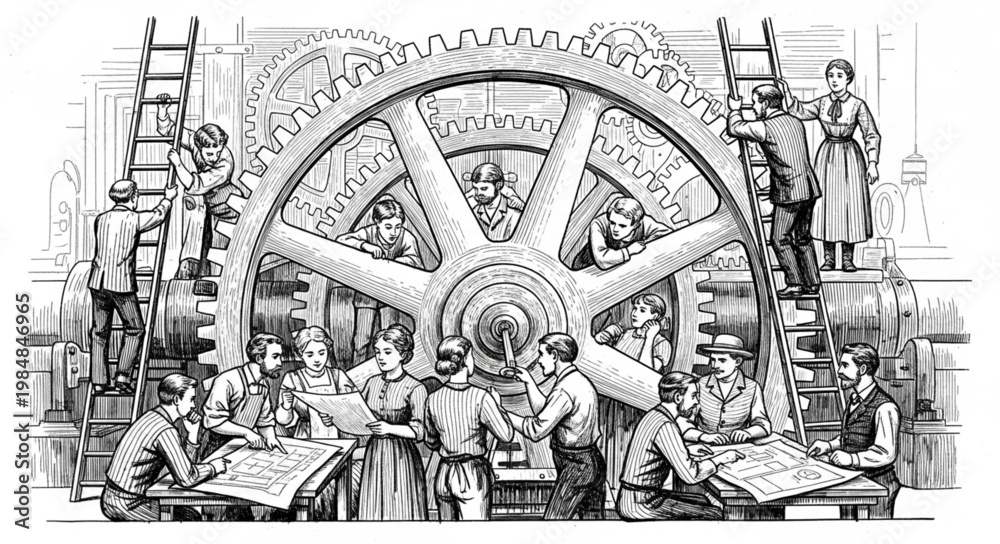 Φωτογραφία Large Industrial Flywheel And Mechanics Working Around It.