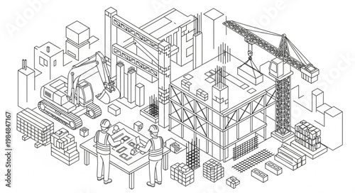 Isometric Building Construction Site With Cranes Scaffolding.
