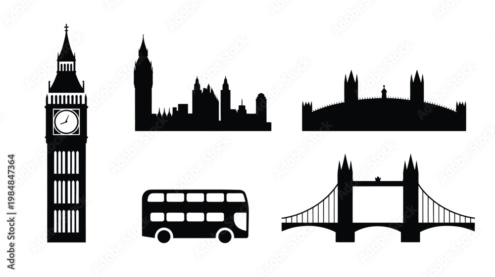 Αυτοκόλλητο Iconic black silhouettes of london landmarks including big ben and tower bridge