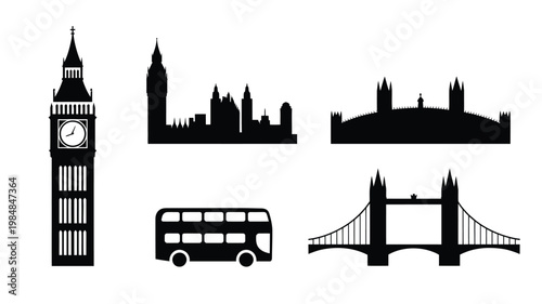 Fotografía Iconic black silhouettes of london landmarks including big ben and tower bridge