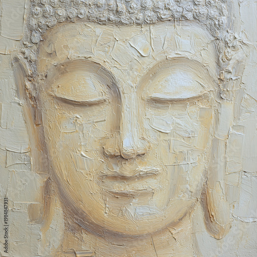 Serene Buddha sculpture with a textured surface capturing a peaceful and meditative expression.