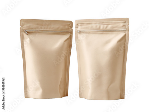 Brown stand up pouches with zip lock - food packaging bags isolated on transparent background