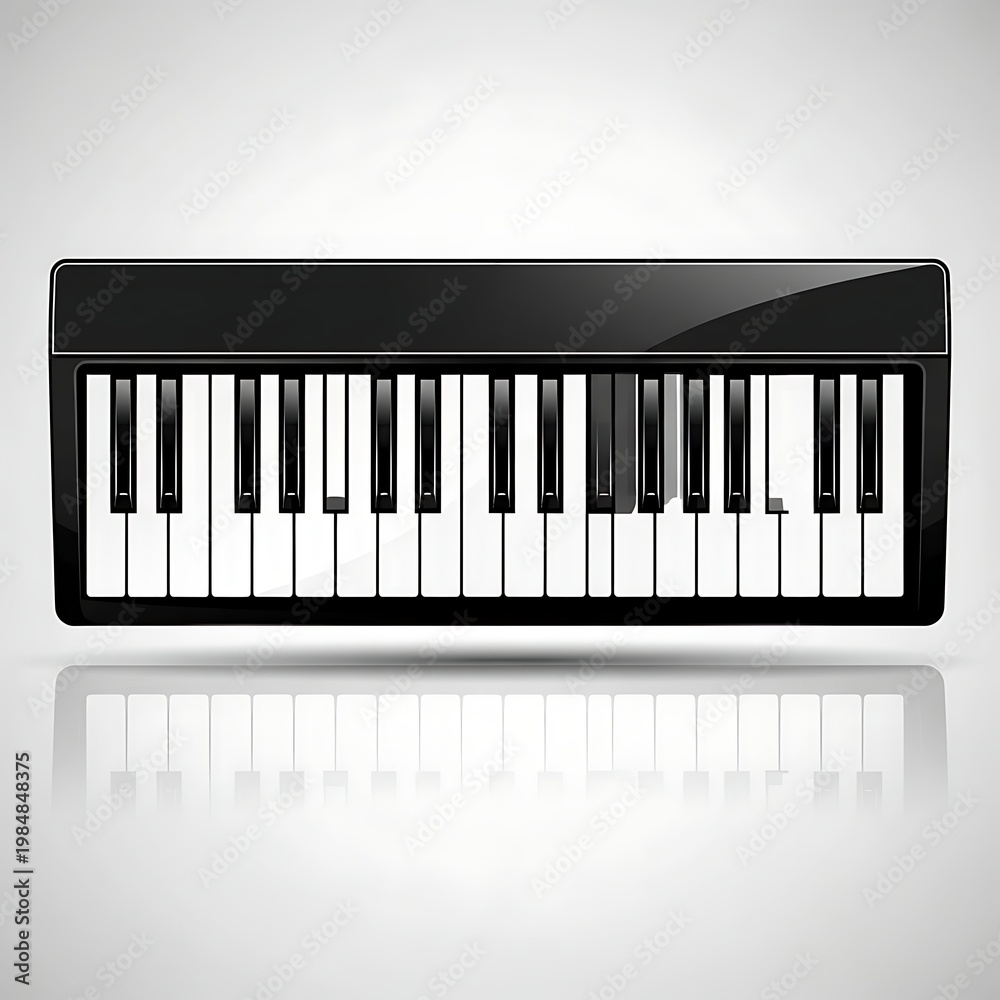 Fototapeta premium A sleek black digital piano keyboard with a subtle reflection on a gray background