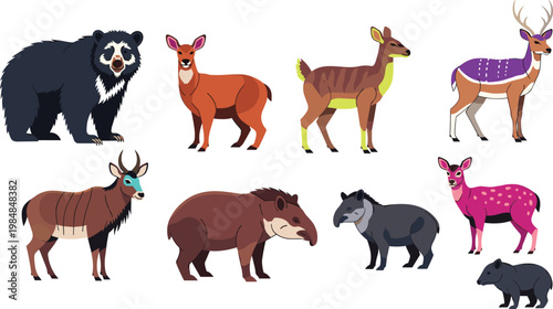 South American mammal species colorful Andean bear and tapir wildlife icon set