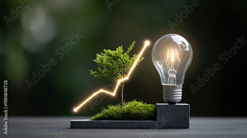Lightbulb and small tree, with a rising line, symbolising growth and green energy