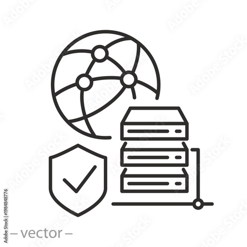 data centre proxy icon, global server room and shield, datacenter proxies, reliable data protection, thin line symbol on white background - editable stroke vector illustration eps10