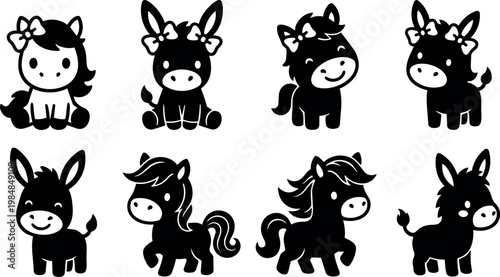 Black and white cute baby horse and donkey cartoon characters sitting and standing