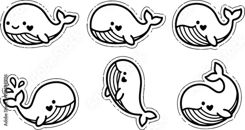 Cute black and white whale illustrations with heart motifs and smiling faces