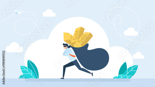 Thief in black mask running away and carrying a heavy bag full of shiny golden bars, representing bank robbery, financial crime, wealth theft and illegal profit concepts. Flat illustration.