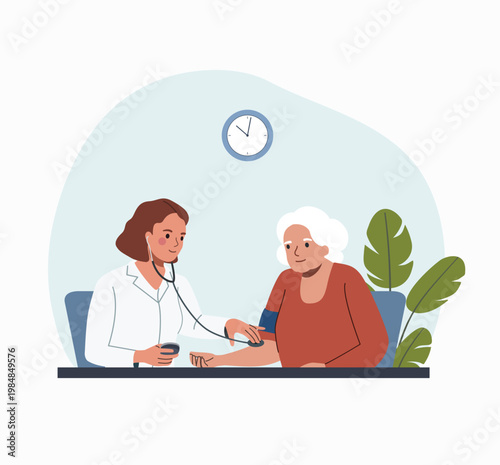 Doctor measuring blood pressure of senior woman, healthcare and medical checkup concept. Vector flat style cartoon illustration