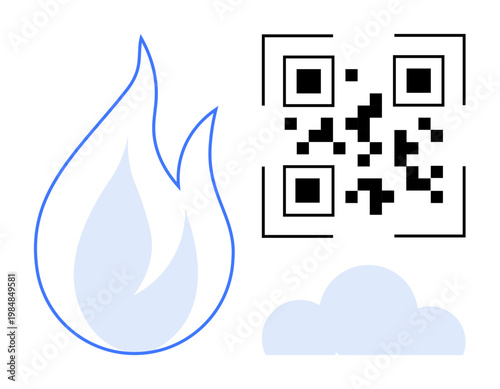 Data security, cloud storage, digital services, technology, backup solutions, online transfer. QR code next to flame and cloud symbols. Data security and cloud storage concept