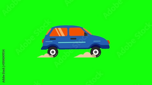 A colorful cartoon video of a blue car driving on a green screen
