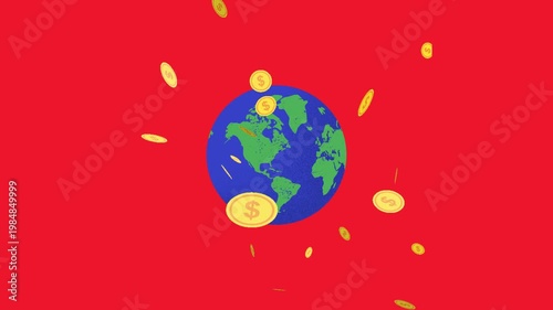 A video showcasing Earth surrounded by coins on a red background