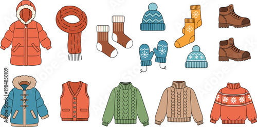 Winter clothing vector set with jackets sweaters boots hats and scarves illustration isolated on white background