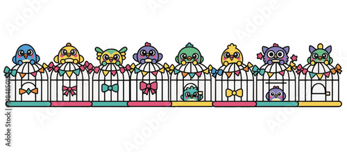 Festive birdcage and cartoon birds vector illustration. Horizontal border with bunting and bows in flat design. Colorful animal characters isolated on transparent background
