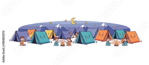 Campsite at dusk vector illustration with tents and campfire. Flat design cartoon children roasting marshmallows. Outdoor adventure banner isolated on transparent background
