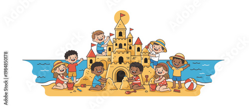 Children building sandcastle on the beach vector illustration. Colorful flat design kids playing in summer. Isolated on transparent background