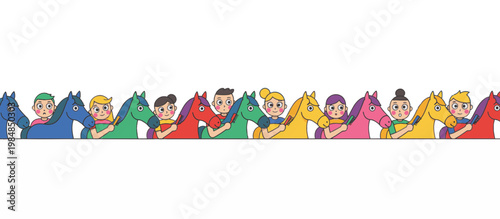 People brushing colorful horses mane border. Equestrian grooming cartoon flat design vector illustration. Animal care graphic element isolated on transparent background