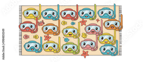 Cartoon snorkel masks and sea animals on a beach towel. Flat design vector illustration of summer vacation gear. Playful graphic isolated on transparent background