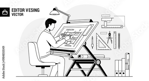 Illustrator Working at Traditional Drafting Table Sketching.