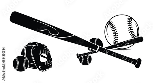 A striking black silhouette showcases baseball equipment including a bat balls and a helmet emphasizing the sport s energy silhouette high quality