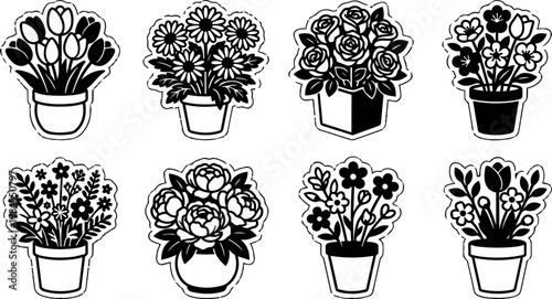 Black and white line art various flower pots with tulips daisies roses and mixed bouquets