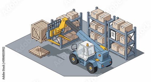 Isometric Logistics Warehouse Interior with Telehandler Forklift Moving Cargo Crates and Storage Shelving