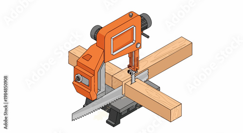 Isometric Illustration of an Industrial Orange Band Saw Cutting a Wooden Timber Beam, Professional Woodworking Tool and Lumber Processing Equipment
