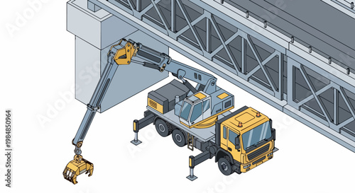 Isometric Illustration of a Bridge Inspection Truck with Articulated Snooper Arm Performing Maintenance on a Truss Bridge