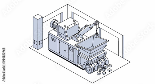 Isometric Industrial Machine Technical Line Art, Waste Shredder and Crusher Blueprint for Factory Processing and Recycling Engineering