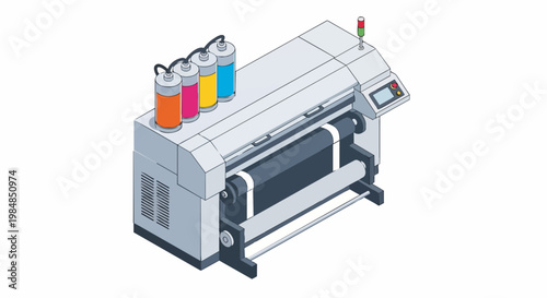 Isometric Large Format Plotter Printer with CMYK Ink Tanks, Professional Digital Printing Machine Illustration