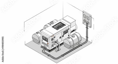 Isometric Illustration of an Industrial Backup Power Generator System with Diesel Fuel Tanks and Electrical Control Panel Schematic